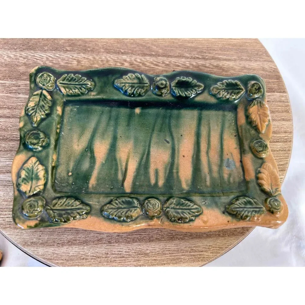 Majolica Pottery Miniature‎ Dollhouse Tea Set 9 Pieces Green Beige Rustic